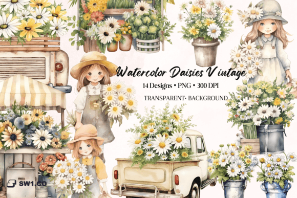 Download Watercolor Vintage Girl Daisies Clipart - Daisies clipart Collection